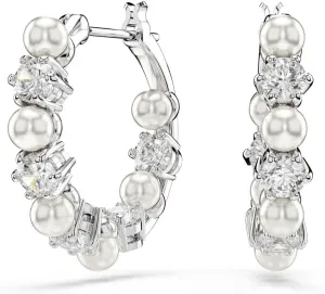 Swarovski Matrix drop earrings, Crystal pearl, Round cut, clear, Rhodium finish