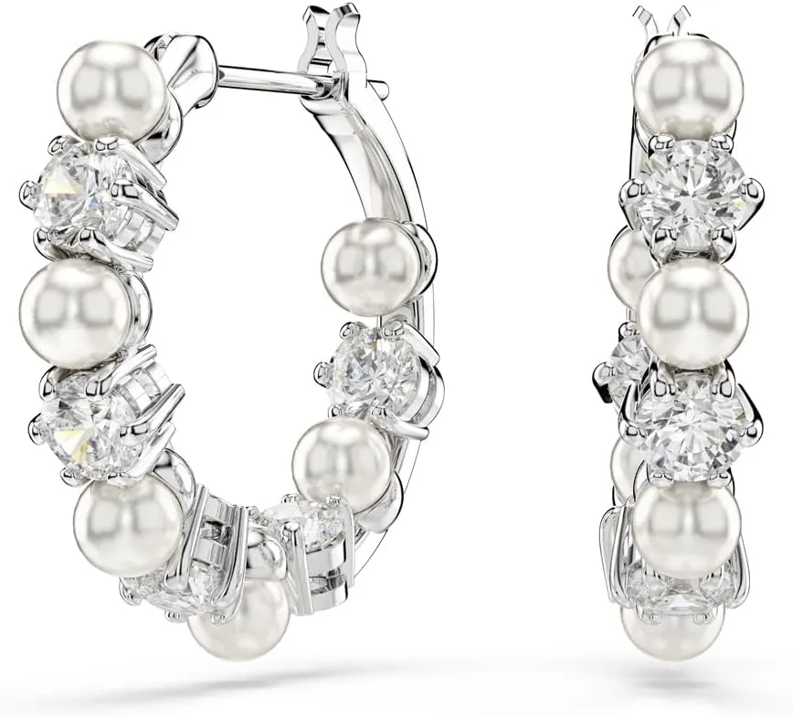 Swarovski Matrix drop earrings, Crystal pearl, Round cut, clear, Rhodium finish