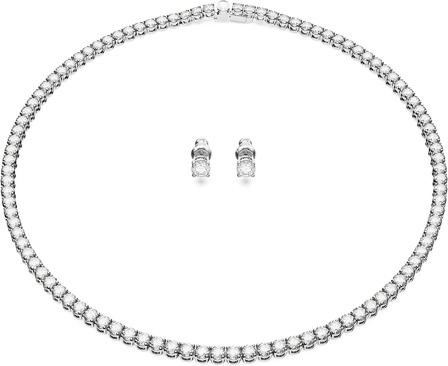 Swarovski Matrix Tennis Jewelry Set, All-Round Necklace and Pierced Stud Earrings with Clear Crystals on a Rhodium Finished Setting, Part of the Matrix Tennis Collection