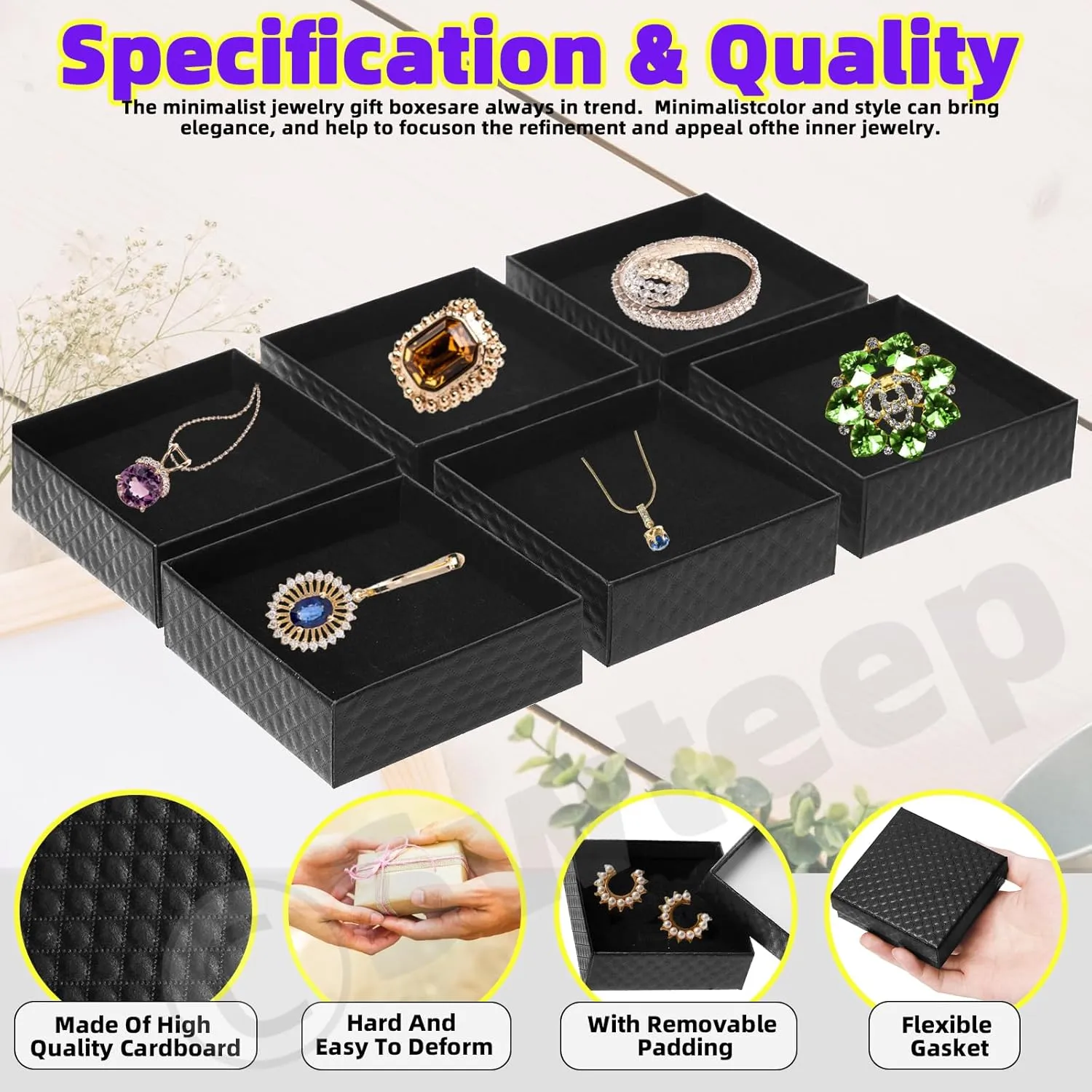 Swpeet 12Pcs Black 3.53.51 Inch Cardboard Jewelry Gift Boxes with Scissors and Polyester Ribbon, Necklace Earring Bracelet Boxes Gift Case Ideal for Jewelry Storage Packaging Display