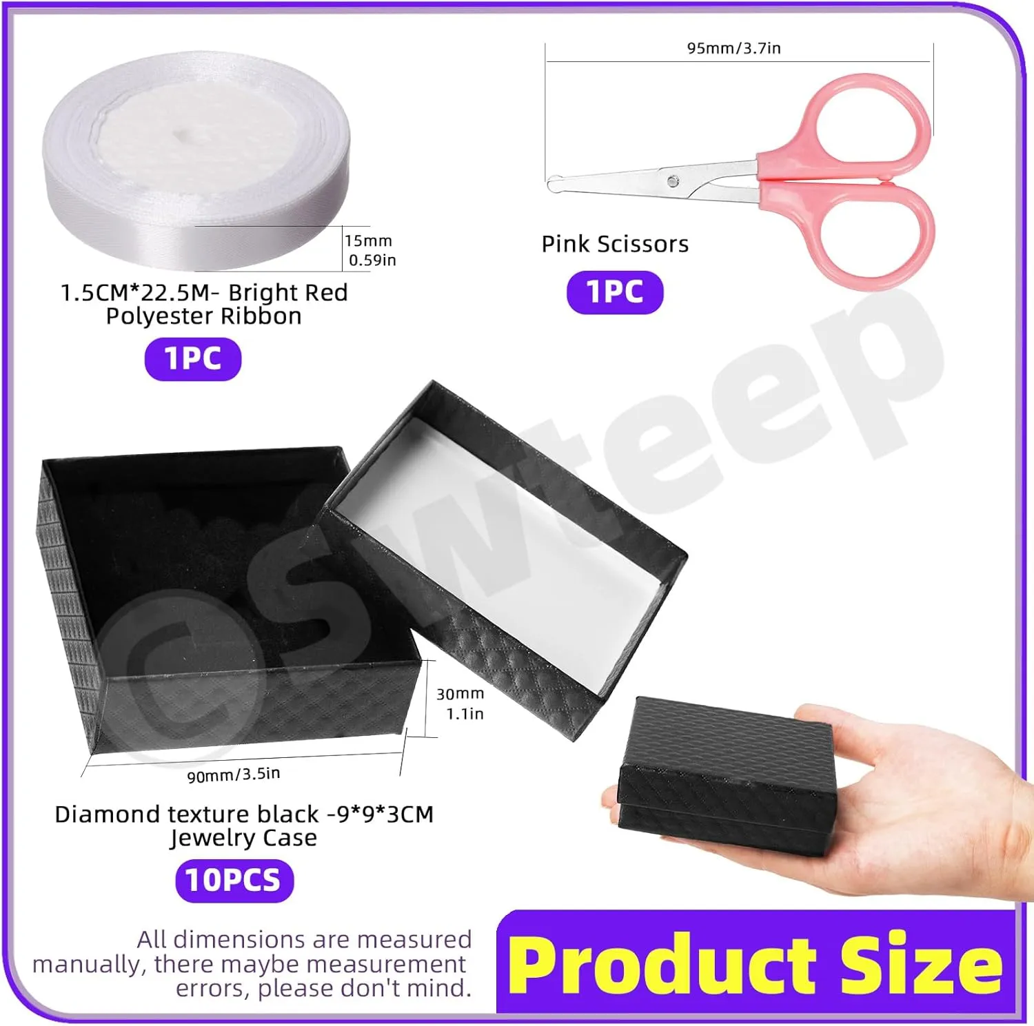 Swpeet 12Pcs Black 3.53.51 Inch Cardboard Jewelry Gift Boxes with Scissors and Polyester Ribbon, Necklace Earring Bracelet Boxes Gift Case Ideal for Jewelry Storage Packaging Display
