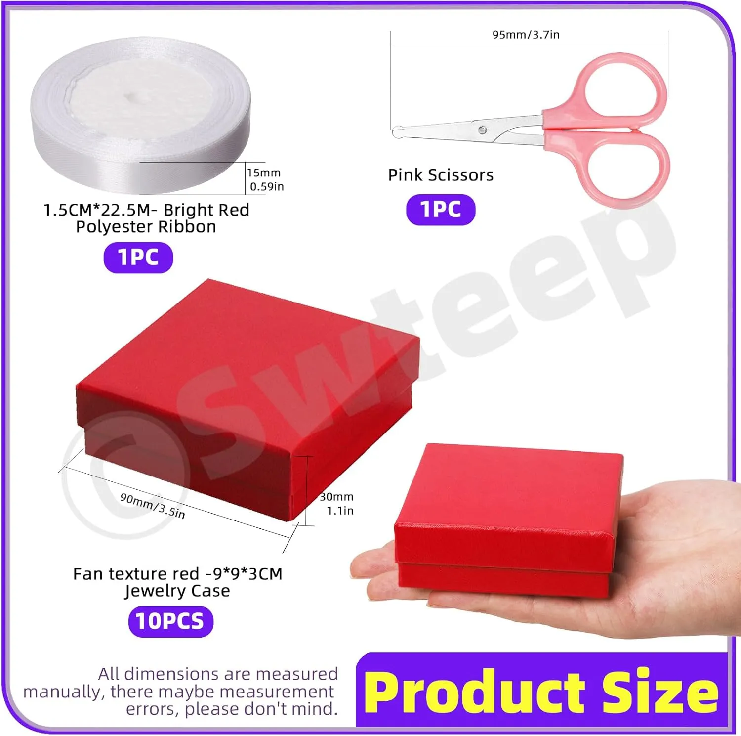 Swpeet 12Pcs Red 3.53.51 Inch Cardboard Jewelry Gift Boxes with Scissors and Polyester Ribbon, Necklace Earring Bracelet Boxes Gift Case Ideal for Jewelry Storage Packaging Display