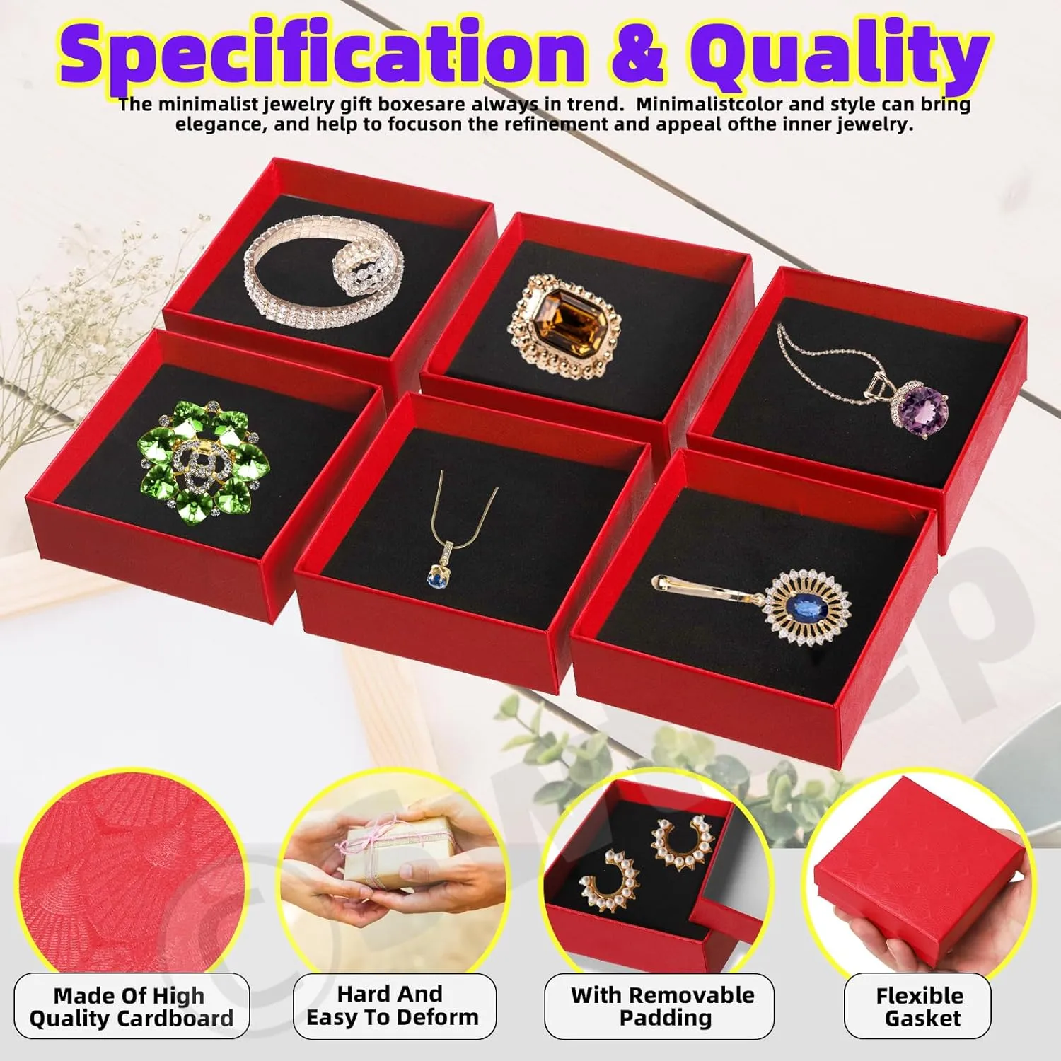 Swpeet 12Pcs Red 3.53.51 Inch Cardboard Jewelry Gift Boxes with Scissors and Polyester Ribbon, Necklace Earring Bracelet Boxes Gift Case Ideal for Jewelry Storage Packaging Display