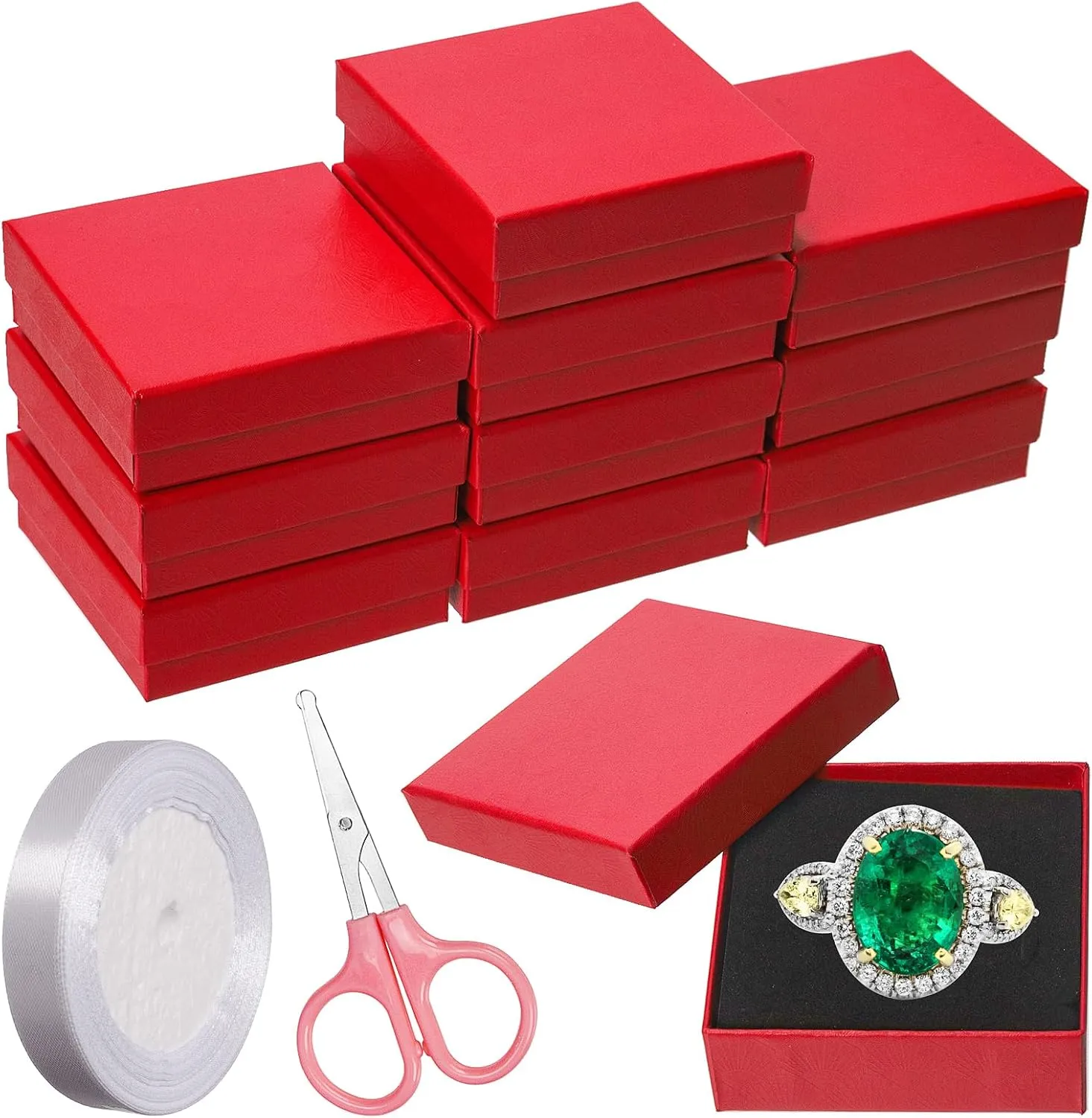 Swpeet 12Pcs Red 3.53.51 Inch Cardboard Jewelry Gift Boxes with Scissors and Polyester Ribbon, Necklace Earring Bracelet Boxes Gift Case Ideal for Jewelry Storage Packaging Display