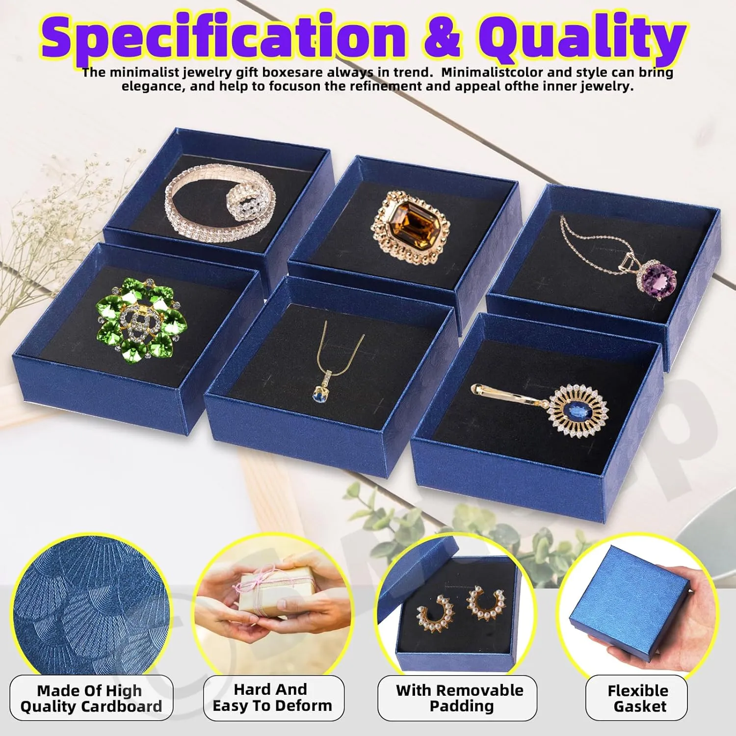 Swpeet 12Pcs Royal Blue 3.53.51 Inch Cardboard Jewelry Gift Boxes with Scissors and Polyester Ribbon, Necklace Earring Bracelet Boxes Gift Case Ideal for Jewelry Storage Packaging Display