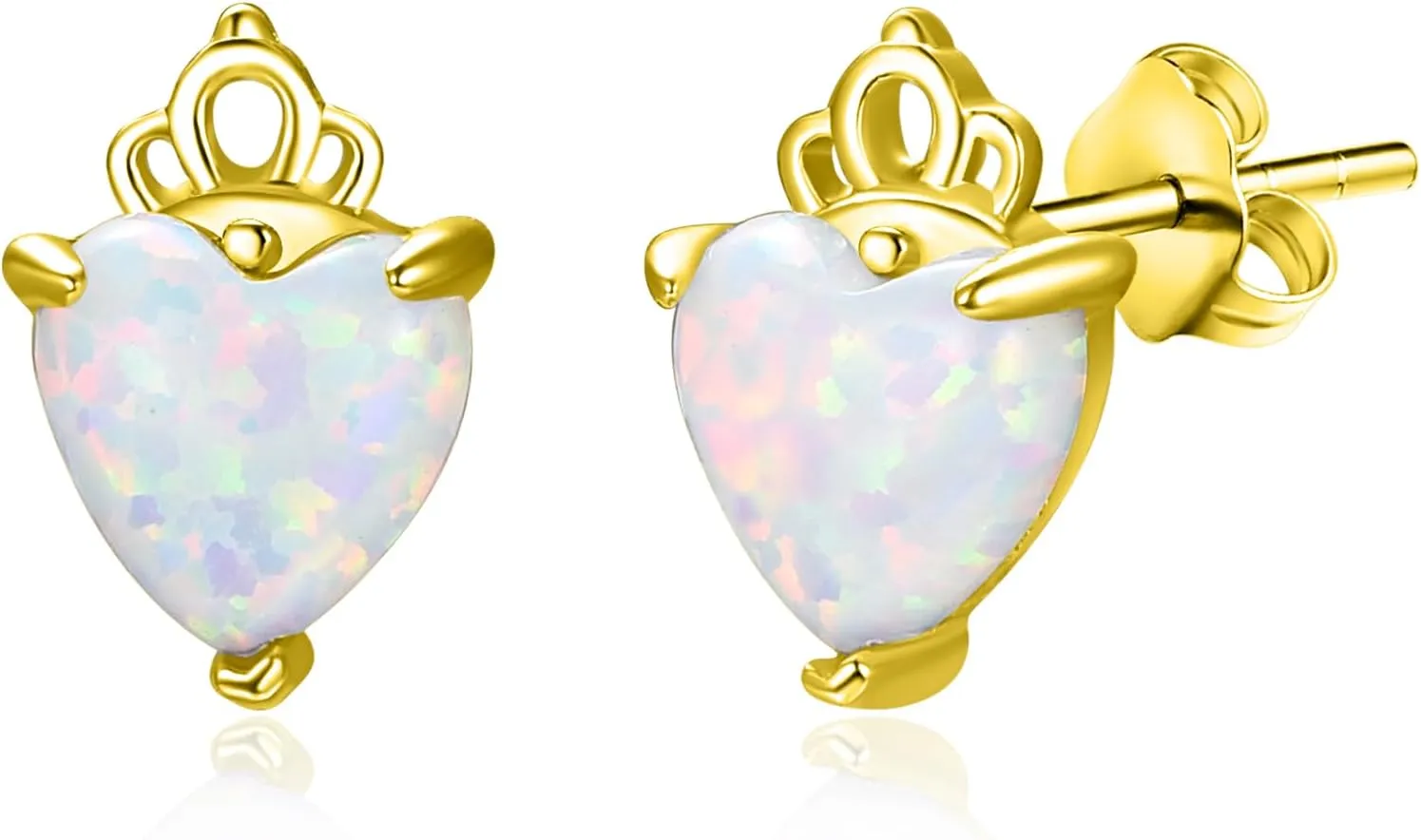 TANGPOET White Opal Stud Earrings for Women 925 Sterling Silver Lab Created Opal Heart Earring Hypoallergenic Crown Shaped Jewelry Valentines Day Birthday Christmas Gifts for Her