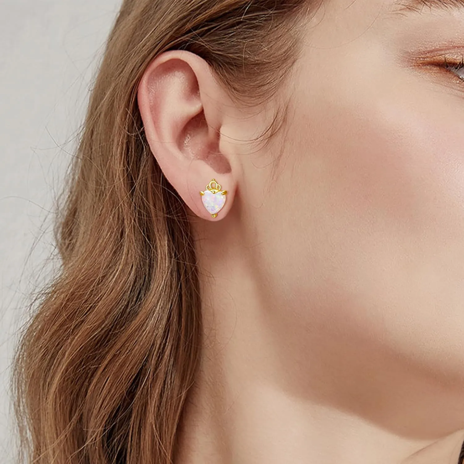 TANGPOET White Opal Stud Earrings for Women 925 Sterling Silver Lab Created Opal Heart Earring Hypoallergenic Crown Shaped Jewelry Valentines Day Birthday Christmas Gifts for Her