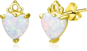 TANGPOET White Opal Stud Earrings for Women 925 Sterling Silver Lab Created Opal Heart Earring Hypoallergenic Crown Shaped Jewelry Valentines Day Birthday Christmas Gifts for Her