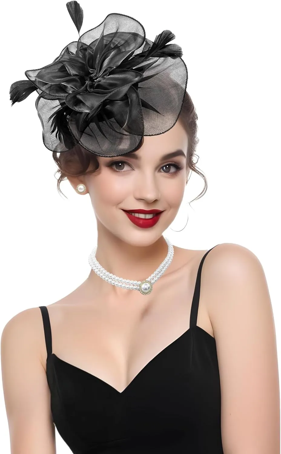 Tea Party Fascinator Hat for Women Tea Party Headwear Lace Gloves Pearl Jewelry Set Wedding Cocktail