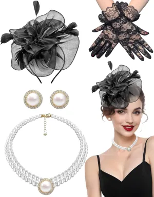 Tea Party Fascinator Hat for Women Tea Party Headwear Lace Gloves Pearl Jewelry Set Wedding Cocktail