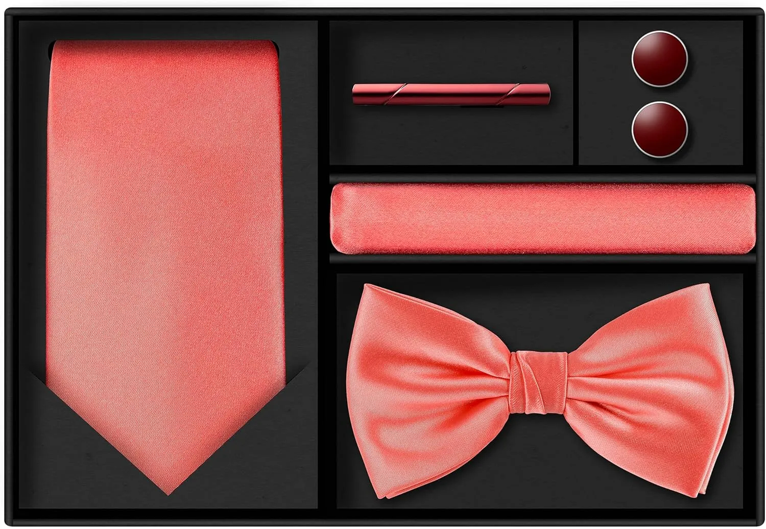 TIE G 5pcs Tie Set in Gift BOX WHITE OR BLACK: Solid Color Necktie, Satin Bow Tie, Pocket Square, Lapel, Cuff Links