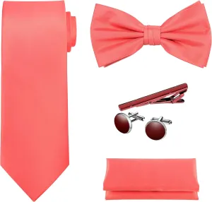 TIE G 5pcs Tie Set in Gift BOX WHITE OR BLACK: Solid Color Necktie, Satin Bow Tie, Pocket Square, Lapel, Cuff Links