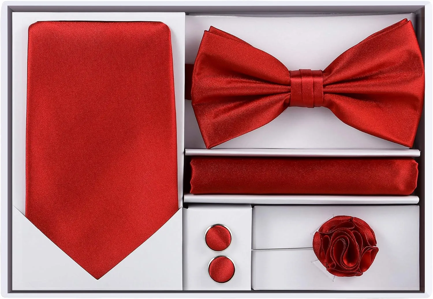 TIE G 5pcs Tie Set in Gift BOX WHITE OR BLACK: Solid Color Necktie, Satin Bow Tie, Pocket Square, Lapel, Cuff Links