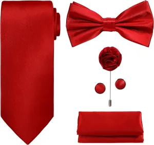 TIE G 5pcs Tie Set in Gift BOX WHITE OR BLACK: Solid Color Necktie, Satin Bow Tie, Pocket Square, Lapel, Cuff Links