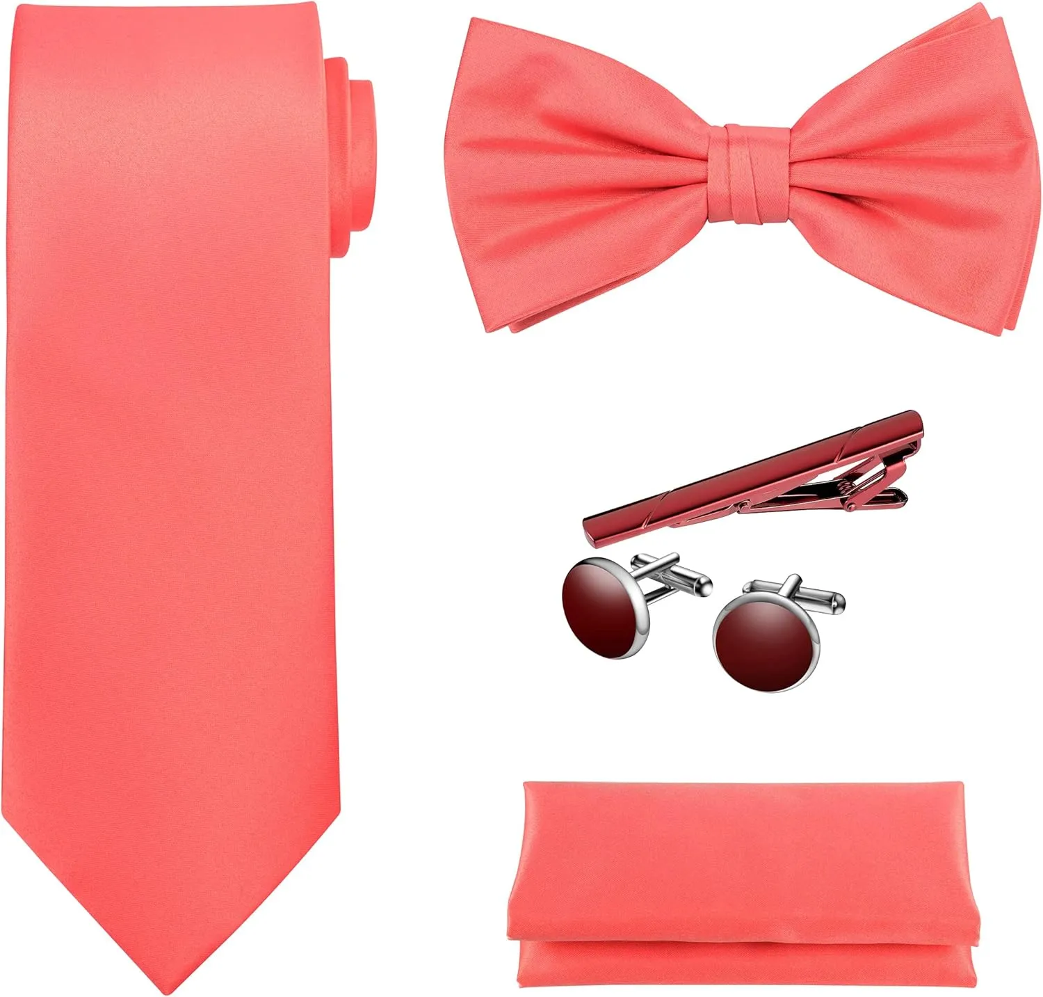 TIE G 5pcs Tie Set in Gift BOX WHITE OR BLACK: Solid Color Necktie, Satin Bow Tie, Pocket Square, Lapel, Cuff Links