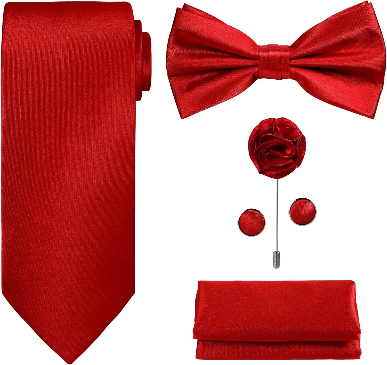 TIE G 5pcs Tie Set in Gift BOX WHITE OR BLACK: Solid Color Necktie, Satin Bow Tie, Pocket Square, Lapel, Cuff Links