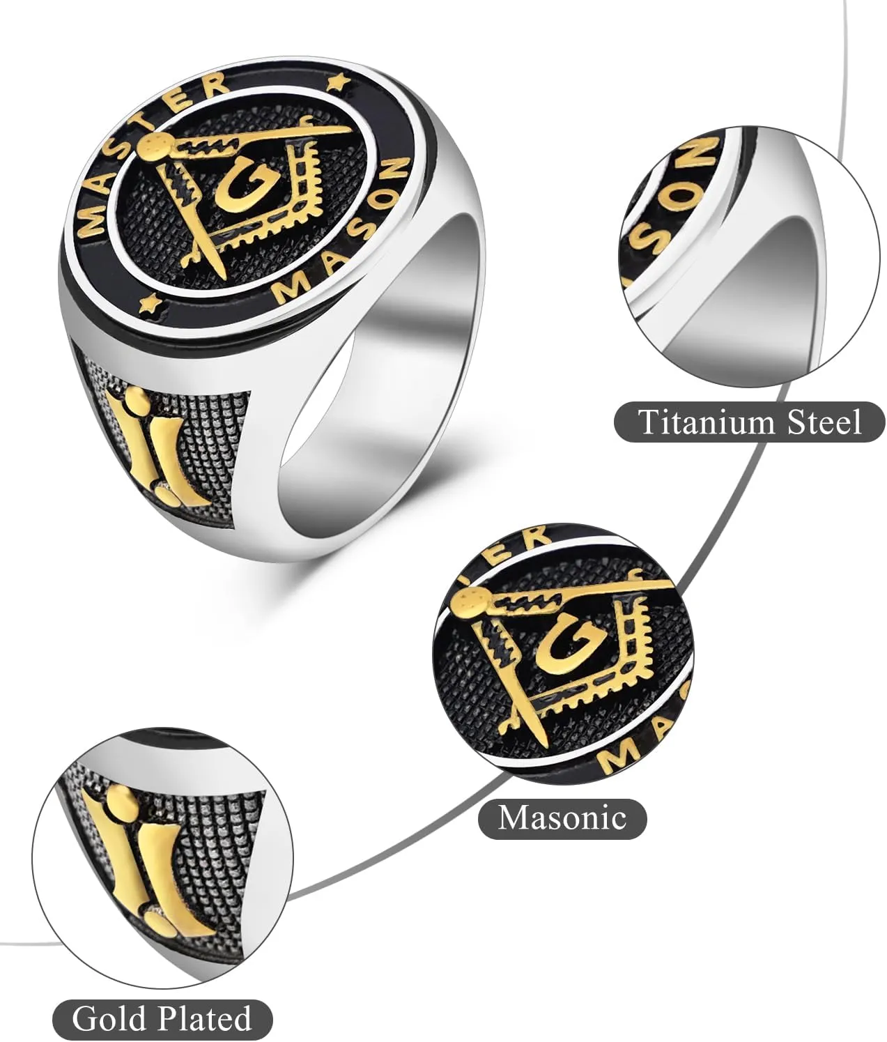 Titanium Steel Masonic Rings for Men - Master Mason Ring Freemason Ring Signet Jewelry Gift Gold Symbol Size 7-12