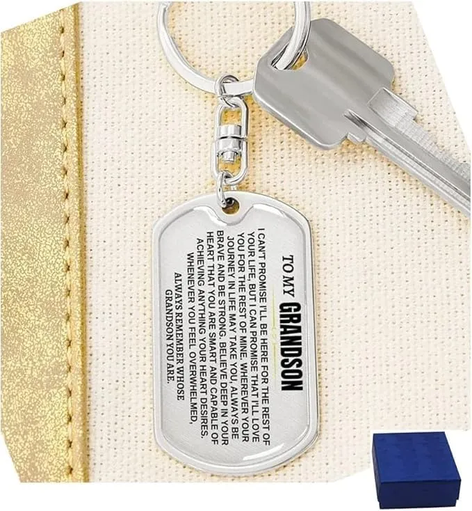 To My Grandson Keychain, Remember Whose Grandson You Are,Unique Personalized Dog Tag Keychain, From Grandma Inspirational Keyring for Boy, Pendant Keychain with Box On Birthday Christmas Anniversary