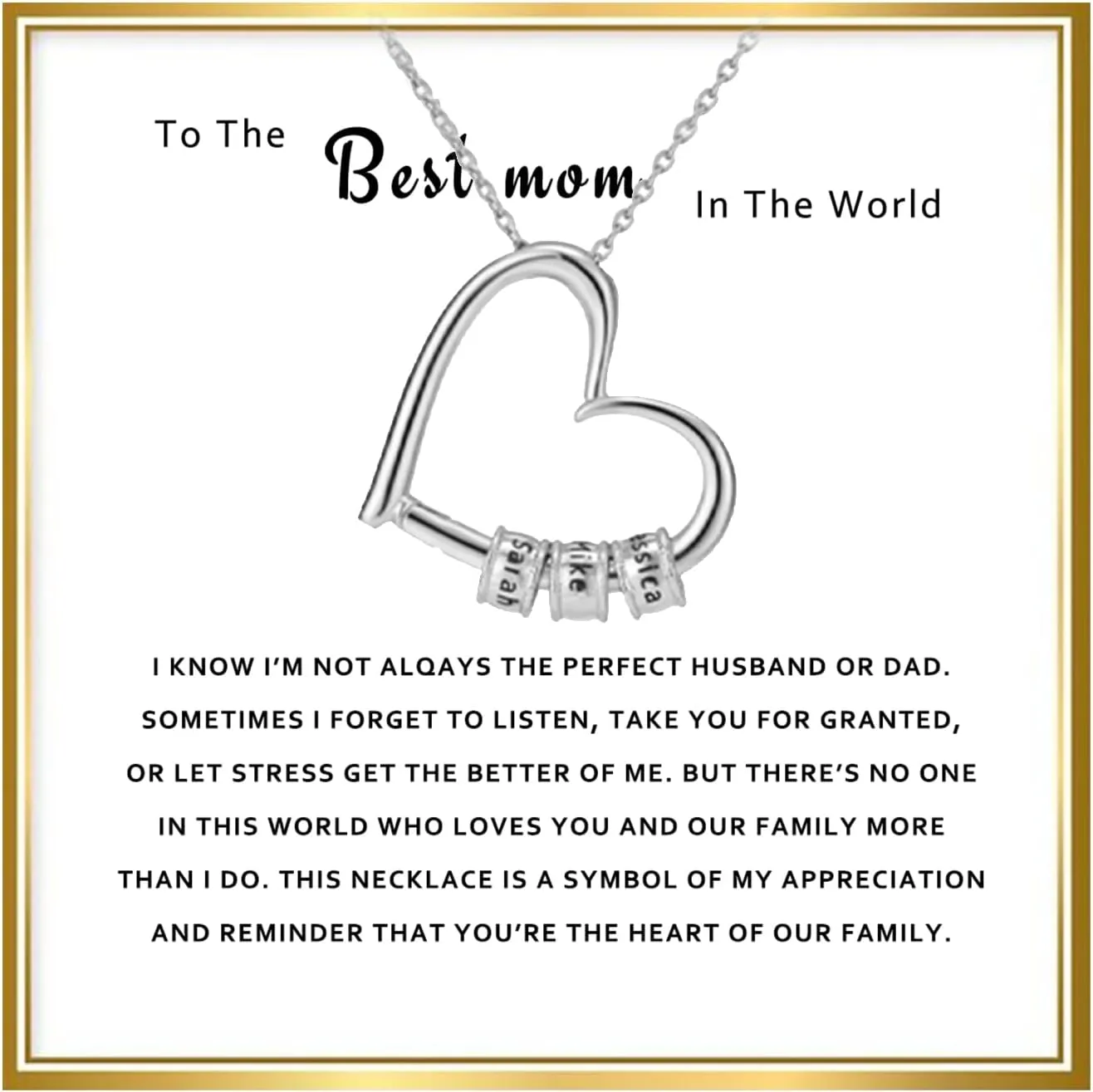 To My Mom Necklace -Family's Love Engraved 1-7 Name Pendant with LED Gift Box, Customized Necklaces for Women,Personalized Heart Custom Name Gift for Mother's Day