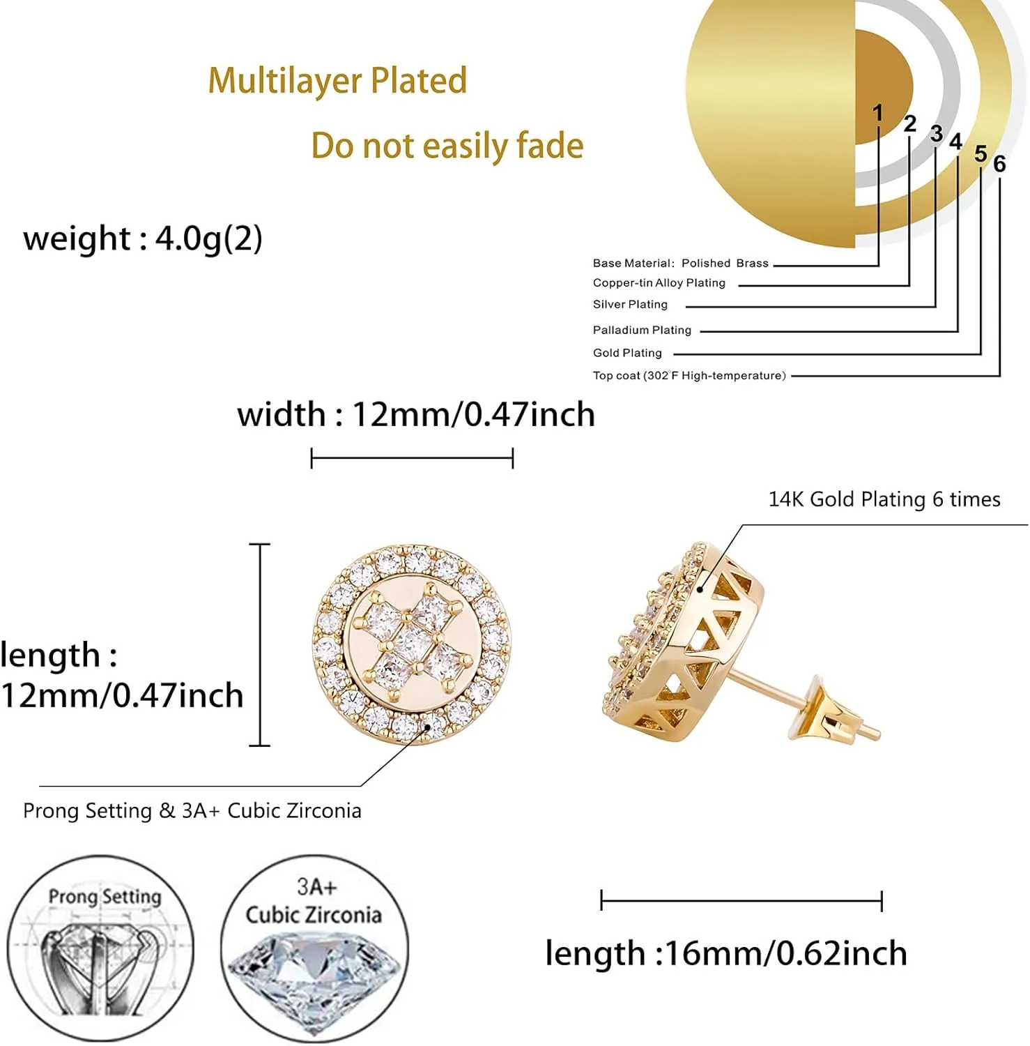 TOPGRILLZ Cross Square Stud Earrings 14K Gold Silver 5A  Cubic Zirconia Iced Out Sparkle hypoallergenic Cartilage 925 Sterling Silver Square Flat Stud Cross Earrings For Men Women