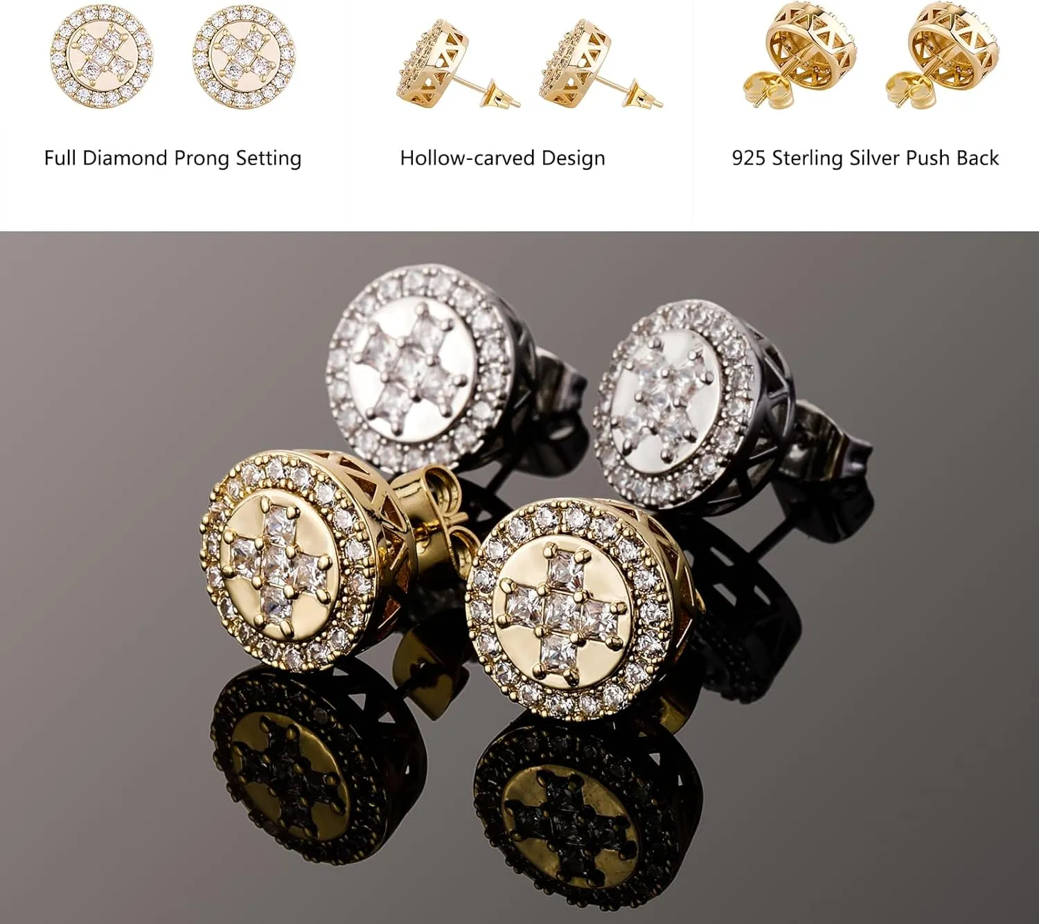 TOPGRILLZ Cross Square Stud Earrings 14K Gold Silver 5A  Cubic Zirconia Iced Out Sparkle hypoallergenic Cartilage 925 Sterling Silver Square Flat Stud Cross Earrings For Men Women