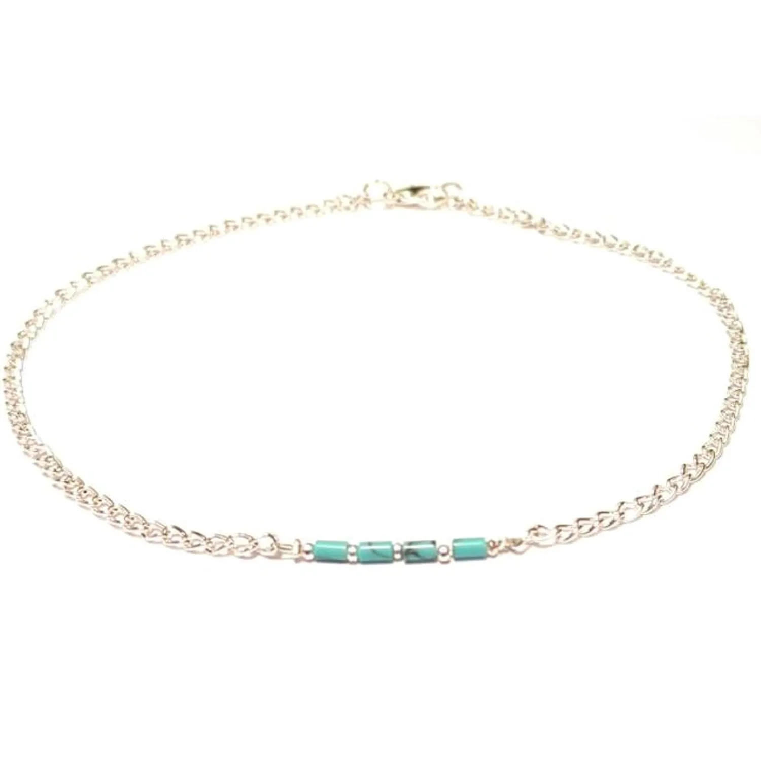 Touch Of Turquoise Dainty Ankle Bracelet Chain Blue Turquoise Cane Gemstone Silver Plated Gift Boxed 12 Inch Plus Size
