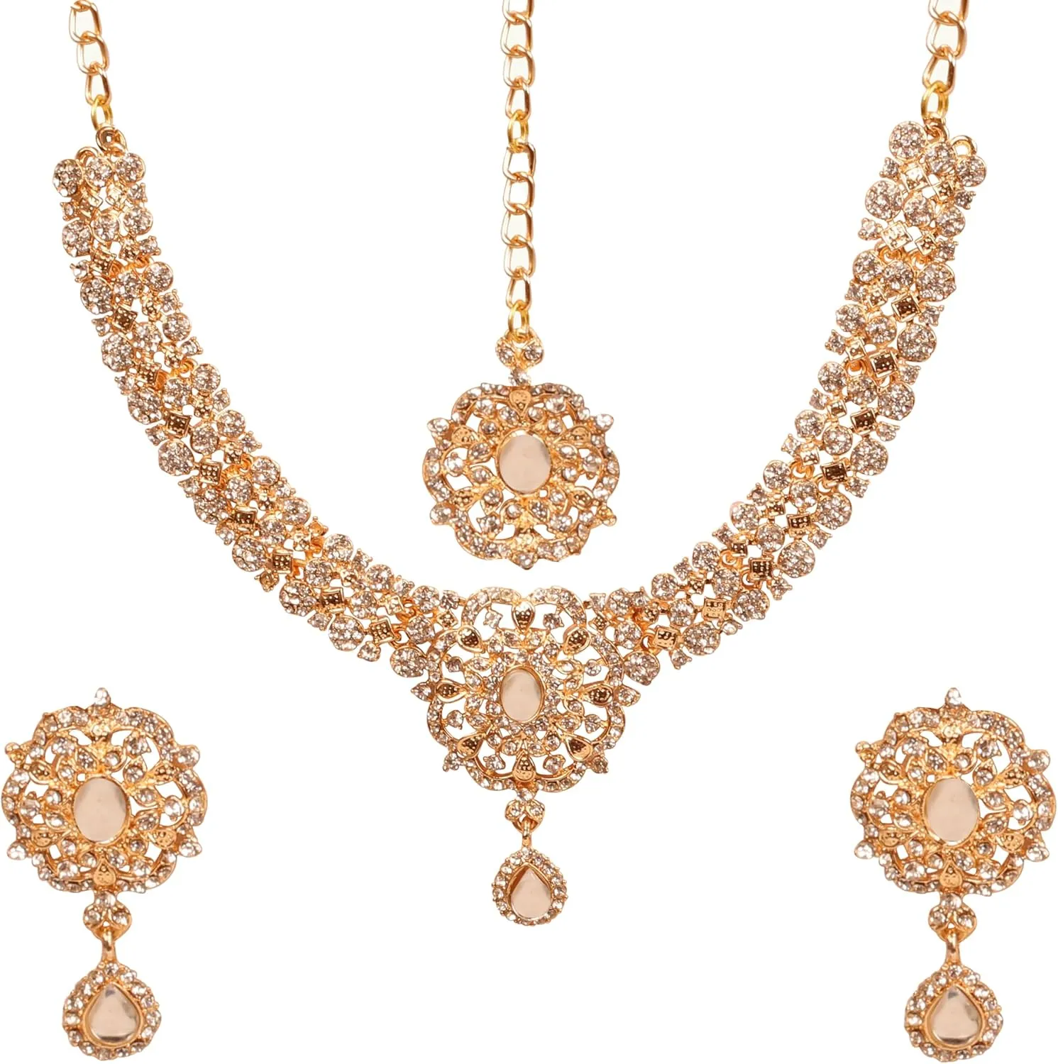 Touchstone Indian Bollywood Desire Enchanting Floral Diamond Studded Look Rhinestone Bridal Designer Jewelry Necklace Set In Gold or White Tone For Women.