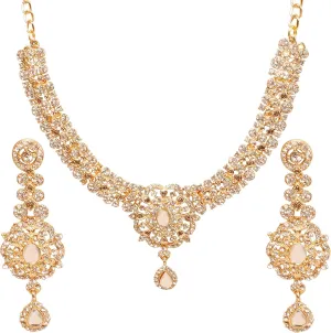 Touchstone Indian Bollywood Desire Enchanting Floral Diamond Studded Look Rhinestone Bridal Designer Jewelry Necklace Set In Gold or White Tone For Women.