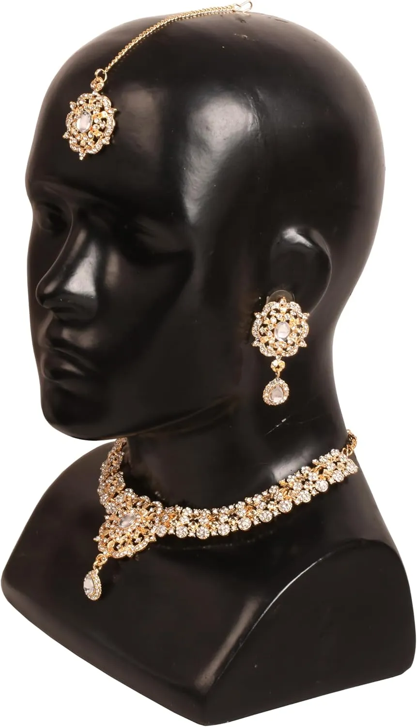 Touchstone Indian Bollywood Desire Enchanting Floral Diamond Studded Look Rhinestone Bridal Designer Jewelry Necklace Set In Gold or White Tone For Women.