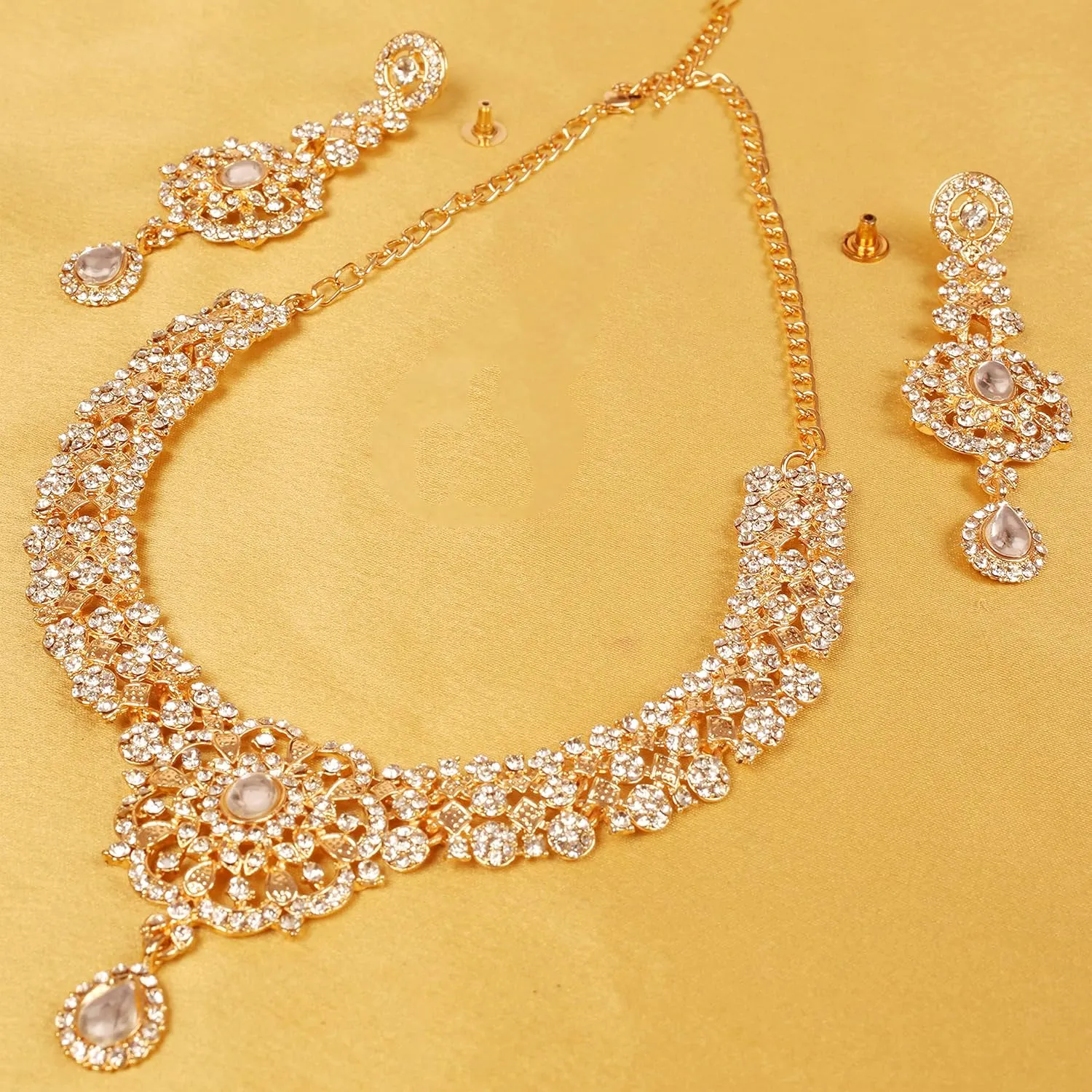 Touchstone Indian Bollywood Desire Enchanting Floral Diamond Studded Look Rhinestone Bridal Designer Jewelry Necklace Set In Gold or White Tone For Women.