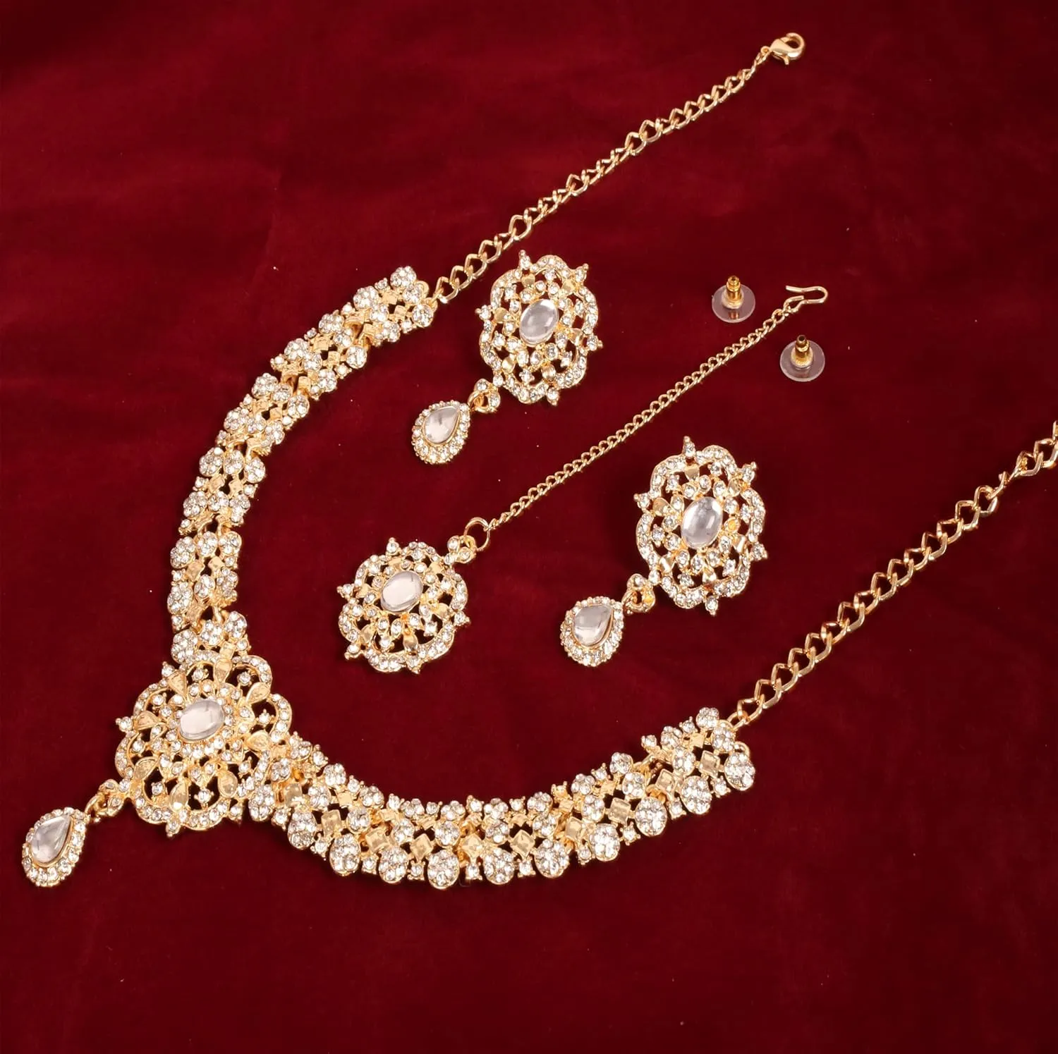 Touchstone Indian Bollywood Desire Enchanting Floral Diamond Studded Look Rhinestone Bridal Designer Jewelry Necklace Set In Gold or White Tone For Women.
