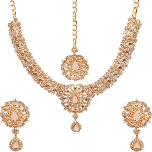 Touchstone Indian Bollywood Desire Enchanting Floral Diamond Studded Look Rhinestone Bridal Designer Jewelry Necklace Set In Gold or White Tone For Women.