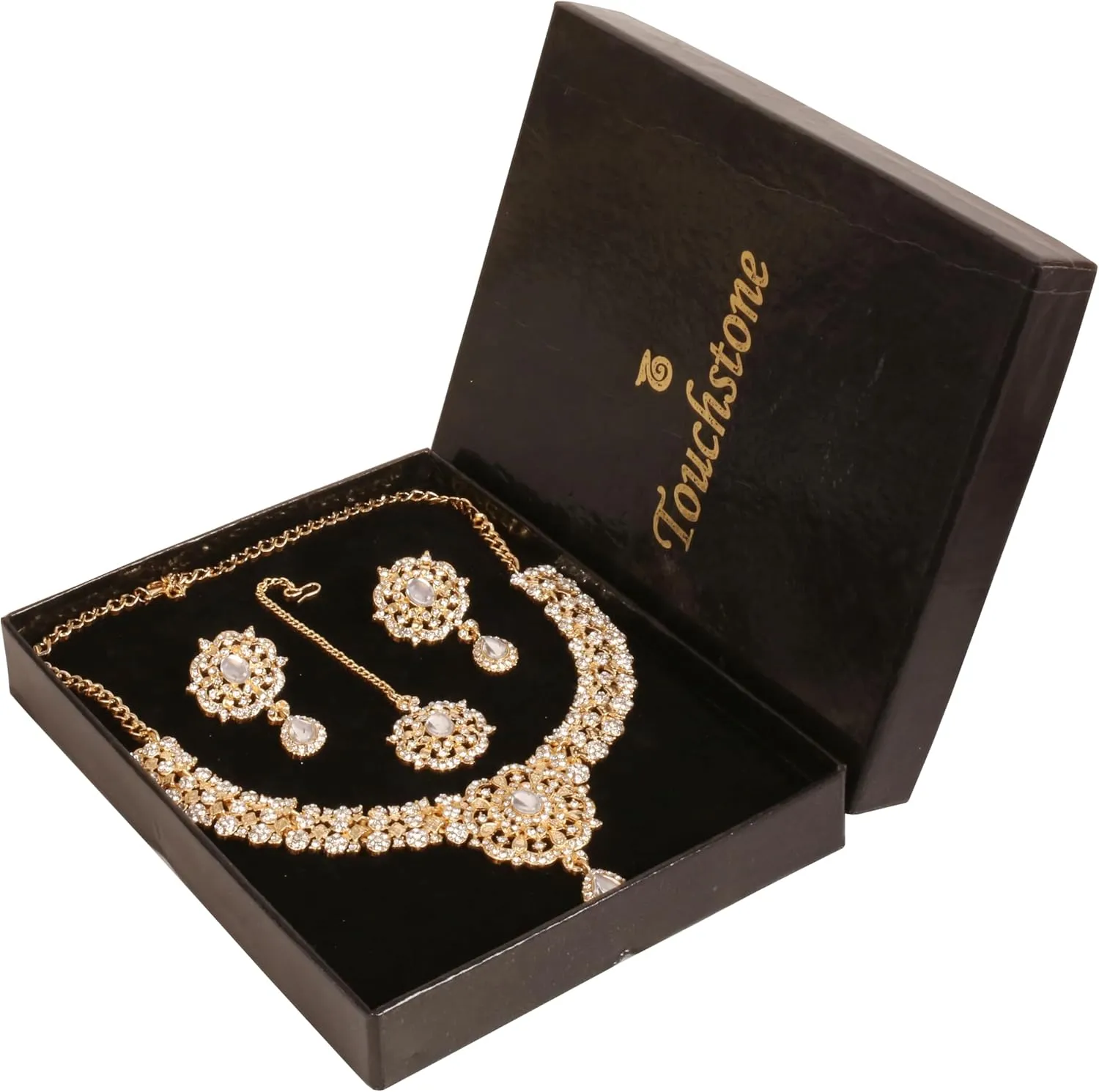 Touchstone Indian Bollywood Desire Enchanting Floral Diamond Studded Look Rhinestone Bridal Designer Jewelry Necklace Set In Gold or White Tone For Women.