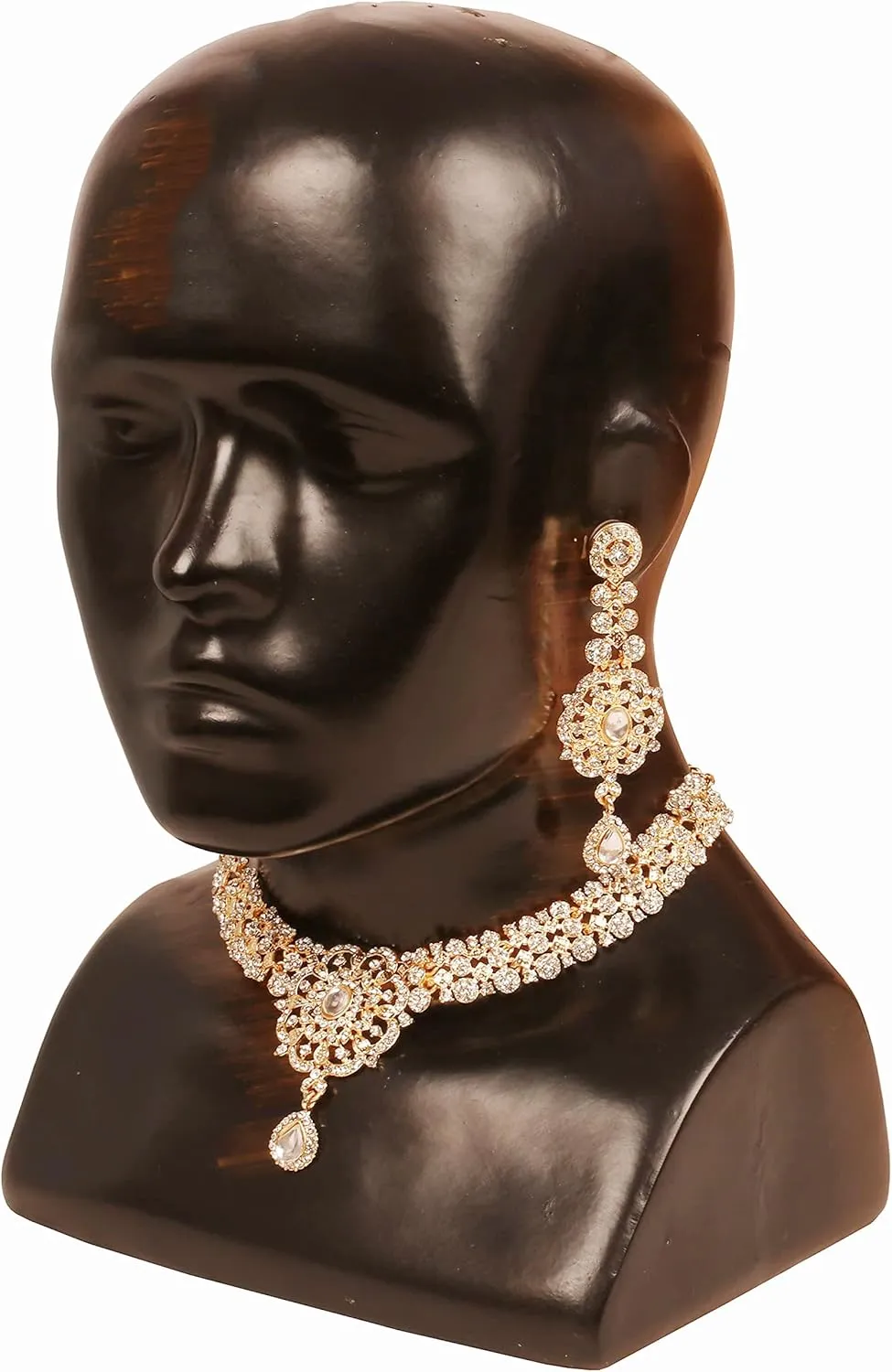 Touchstone Indian Bollywood Desire Enchanting Floral Diamond Studded Look Rhinestone Bridal Designer Jewelry Necklace Set In Gold or White Tone For Women.