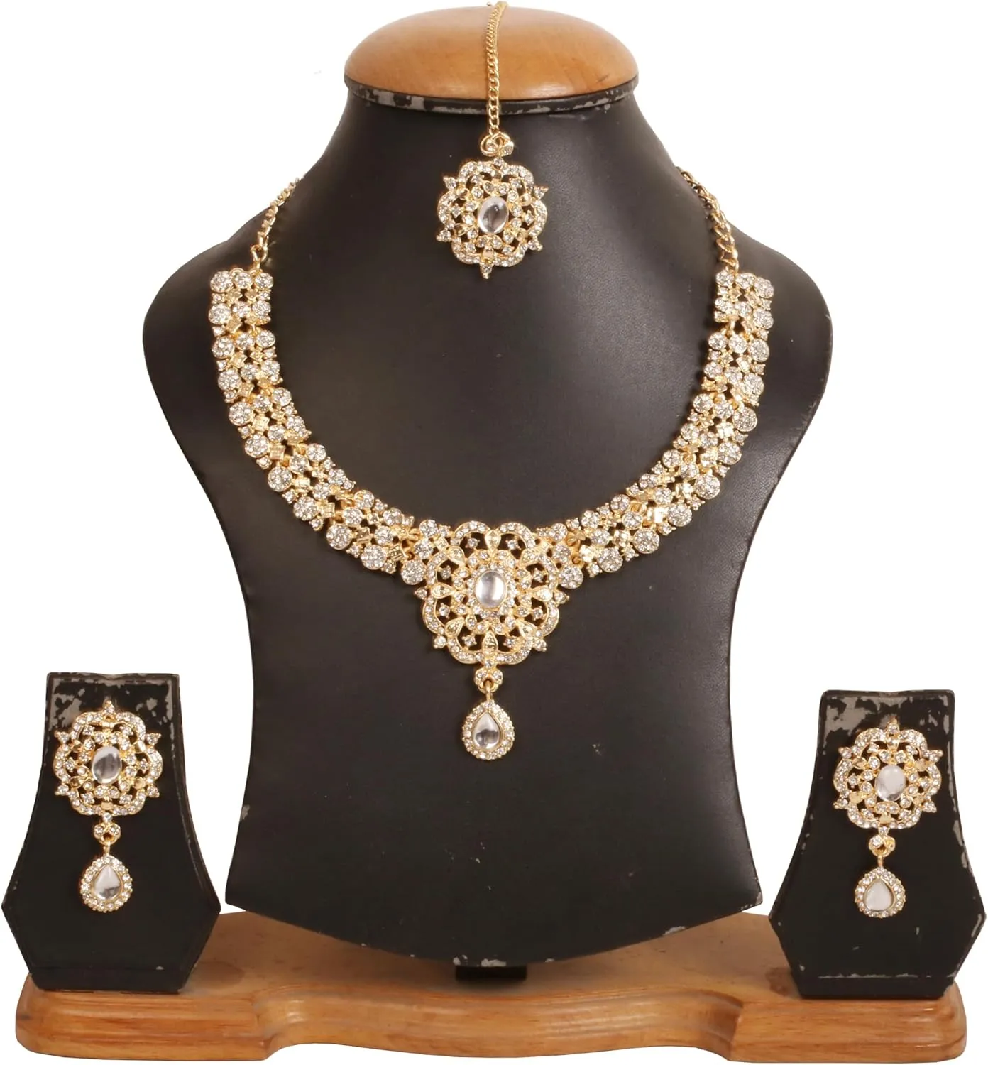 Touchstone Indian Bollywood Desire Enchanting Floral Diamond Studded Look Rhinestone Bridal Designer Jewelry Necklace Set In Gold or White Tone For Women.