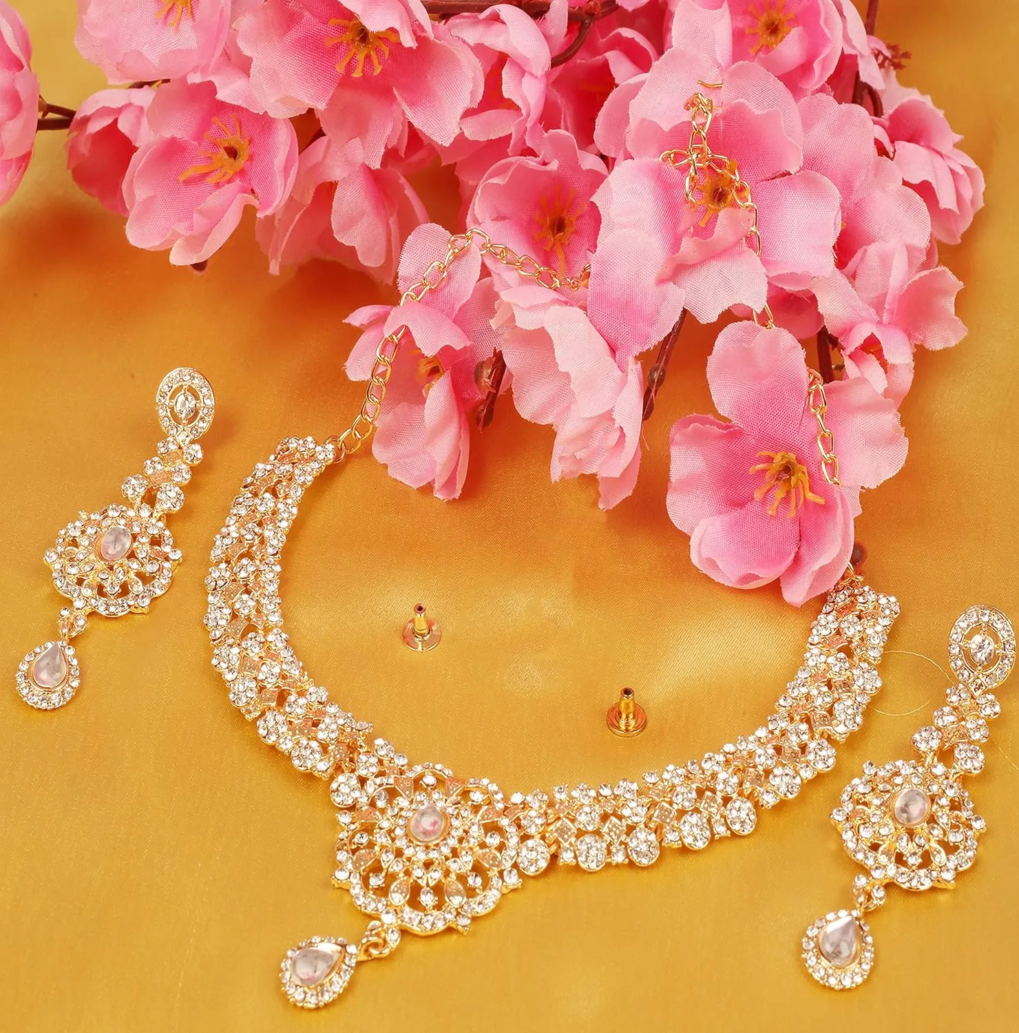 Touchstone Indian Bollywood Desire Enchanting Floral Diamond Studded Look Rhinestone Bridal Designer Jewelry Necklace Set In Gold or White Tone For Women.