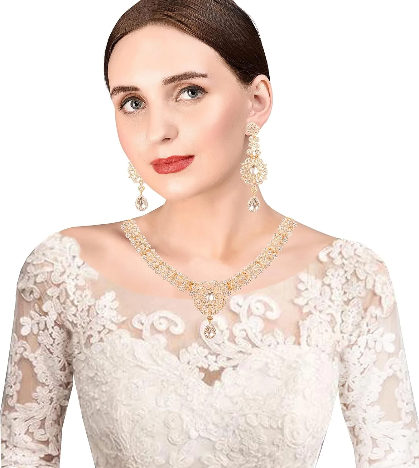 Touchstone Indian Bollywood Desire Enchanting Floral Diamond Studded Look Rhinestone Bridal Designer Jewelry Necklace Set In Gold or White Tone For Women.