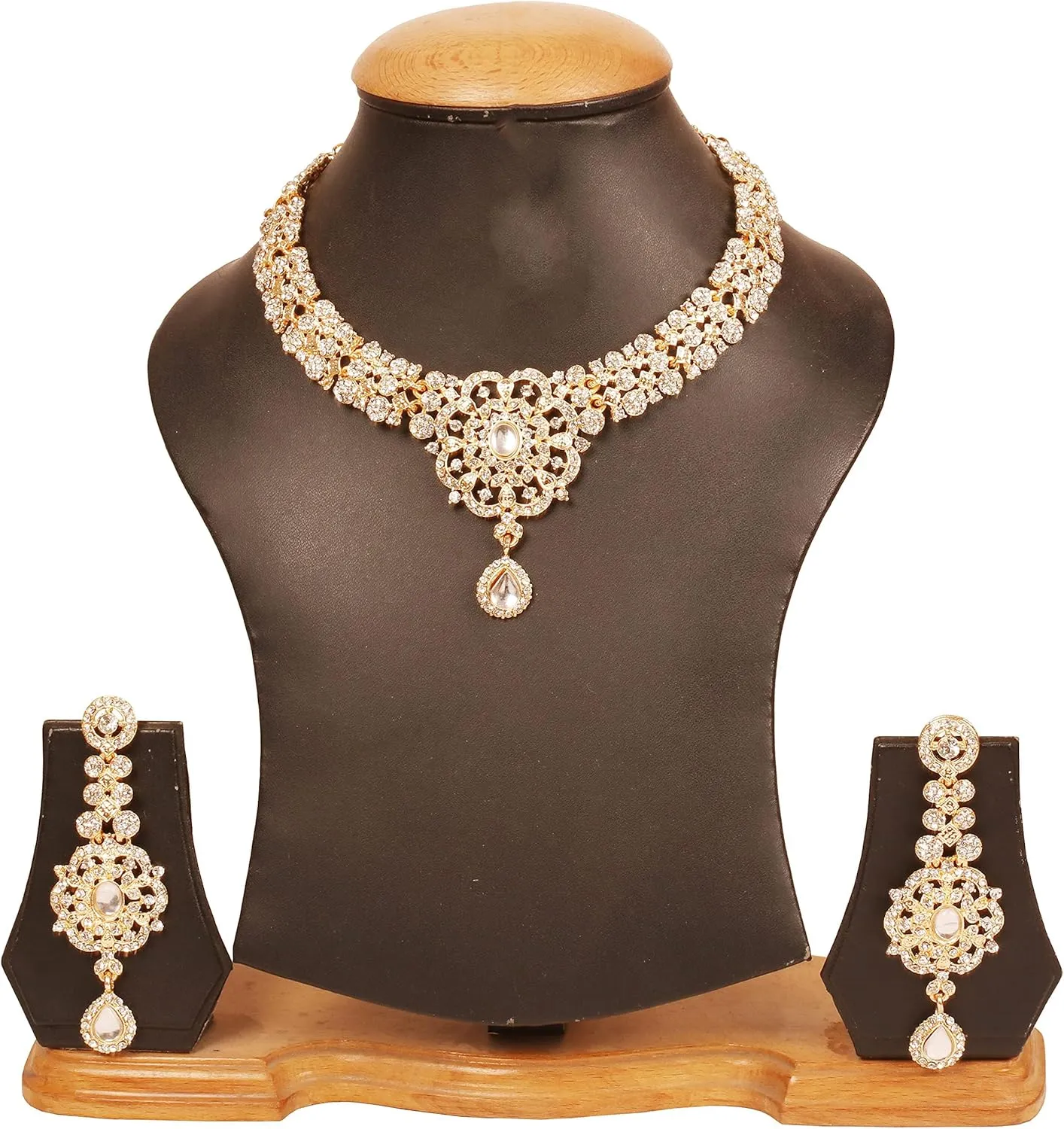 Touchstone Indian Bollywood Desire Enchanting Floral Diamond Studded Look Rhinestone Bridal Designer Jewelry Necklace Set In Gold or White Tone For Women.