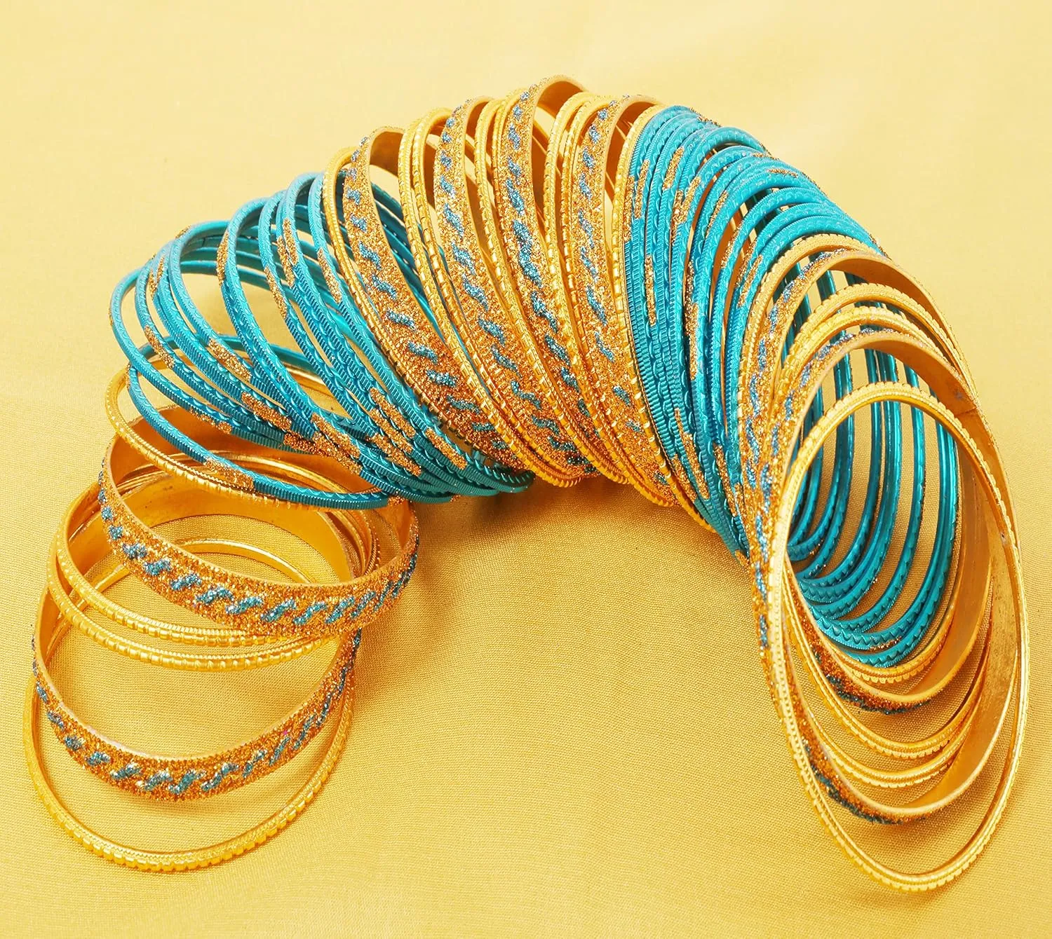 Touchstone Indian Bollywood Glamorous Fashion Wrist Enhancing Shimmering Golden Glitters Textured Color Designer Jewelry Bracelets Bangle Chura. Set of 48 in Gold Tone for Women.