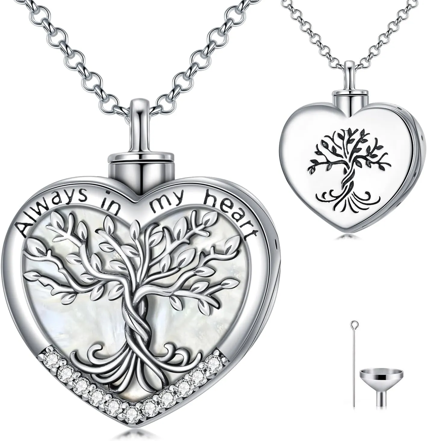 TOUPOP Tree of Life Urn Necklaces for Ashes 925 Sterling Silver Heart Cremation Jewelry Memorial Keepsake Jewelry with Funnel Filler for Women Men