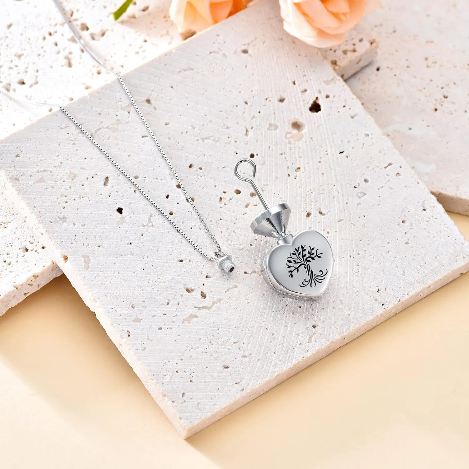 TOUPOP Tree of Life Urn Necklaces for Ashes 925 Sterling Silver Heart Cremation Jewelry Memorial Keepsake Jewelry with Funnel Filler for Women Men