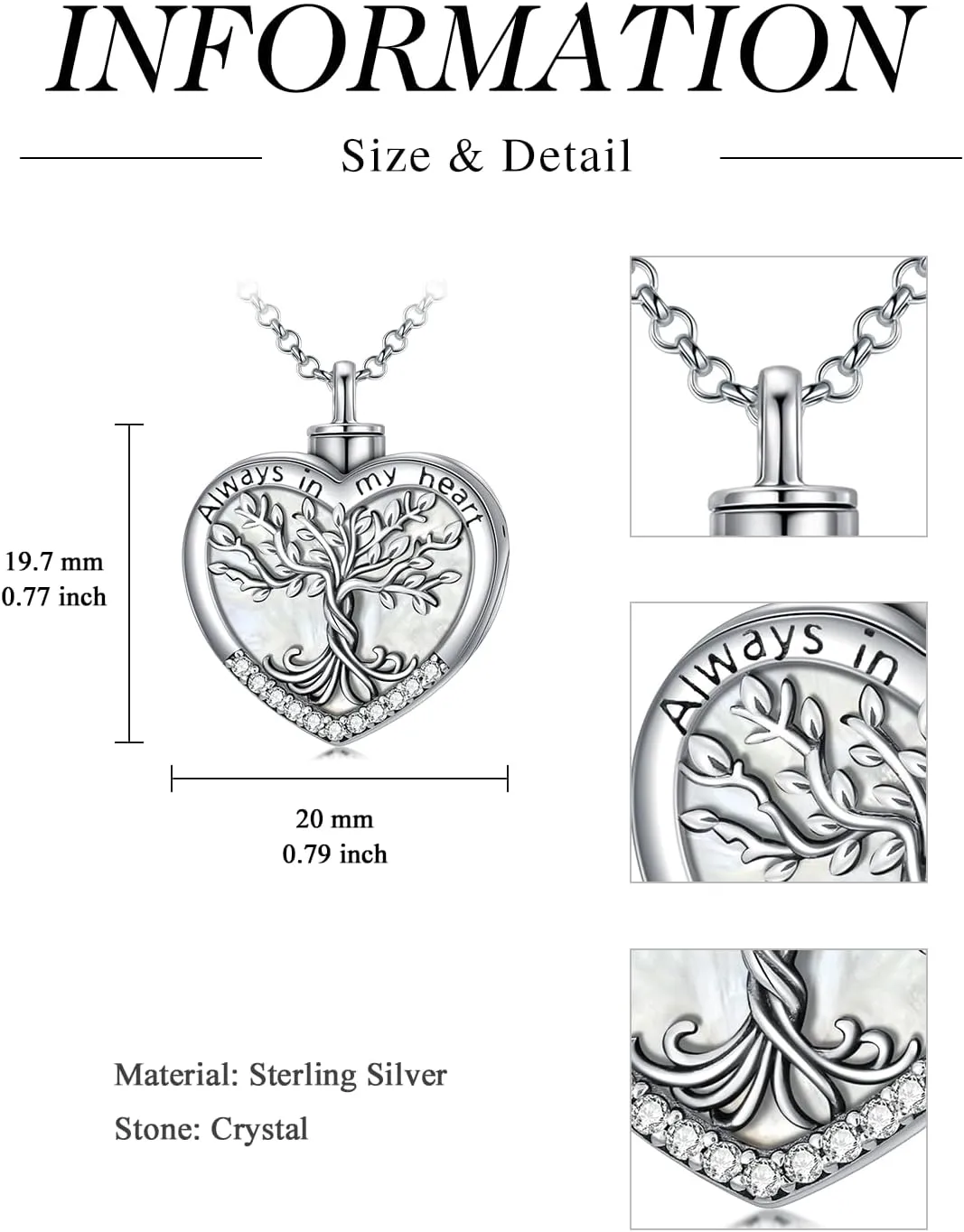 TOUPOP Tree of Life Urn Necklaces for Ashes 925 Sterling Silver Heart Cremation Jewelry Memorial Keepsake Jewelry with Funnel Filler for Women Men