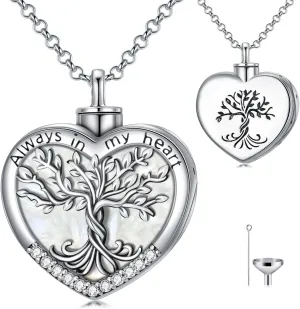 TOUPOP Tree of Life Urn Necklaces for Ashes 925 Sterling Silver Heart Cremation Jewelry Memorial Keepsake Jewelry with Funnel Filler for Women Men