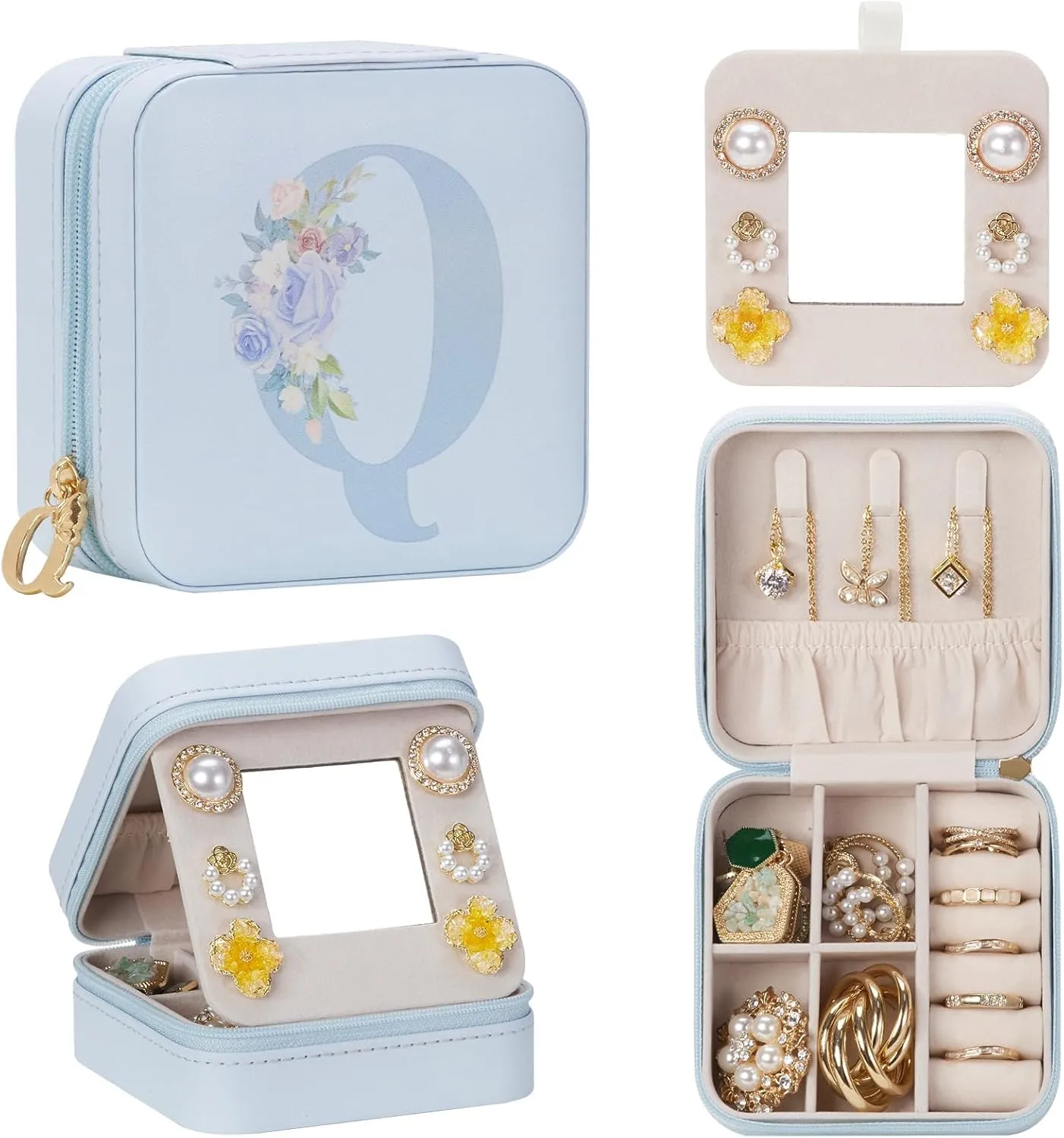 Travel Jewelry Box for Gift: Traveling Jewelry Case for Girls Women - Mini Organizer for Necklaces Earrings Blue Q