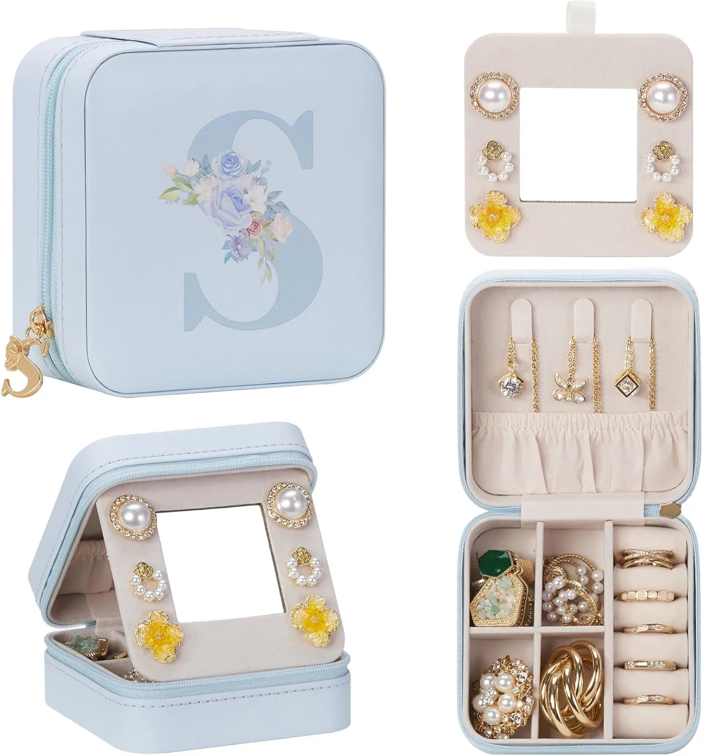 Travel Jewelry Box for Gift: Traveling Jewelry Case for Girls Women - Mini Organizer for Necklaces Earrings Blue S