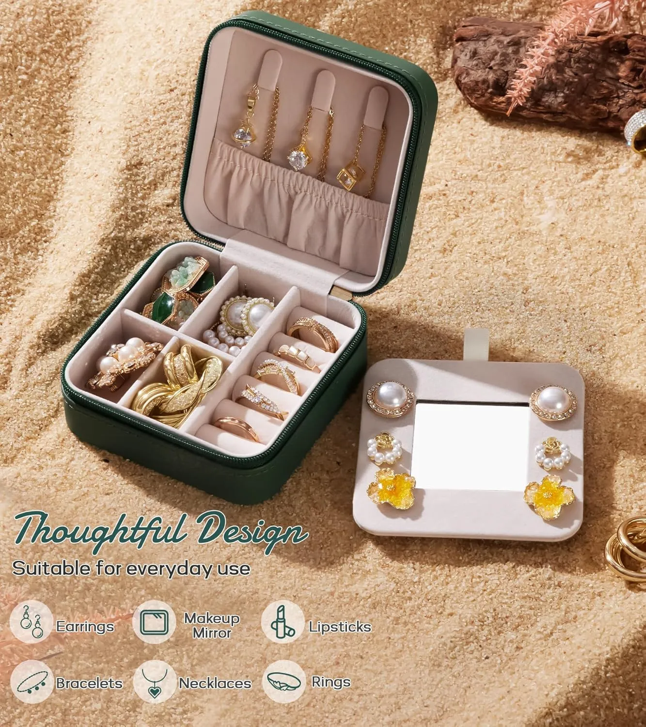 Travel Jewelry Box for Gift: Traveling Jewelry Case for Girls Women - Mini Organizer for Necklaces Earrings Green M