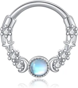 Triple Moon Septum Ring 925 Sterling Silver 16g Moonstone Septum Nose Ring Cartilage Daith Piercing Jewelry Mothers Gifts for Women Mom Grandma Triple Moon Lover