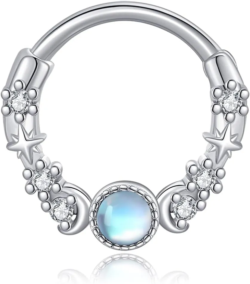 Triple Moon Septum Ring 925 Sterling Silver 16g Moonstone Septum Nose Ring Cartilage Daith Piercing Jewelry Mothers Gifts for Women Mom Grandma Triple Moon Lover
