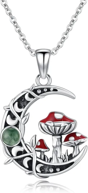 TRISHULA Moon Mushroom Necklace 925 Sterling Silver Red Mushroom Pendant Moss Agate Moon Phase Necklace Mushroom Jewelry Crescent Moon Jewelry for Women