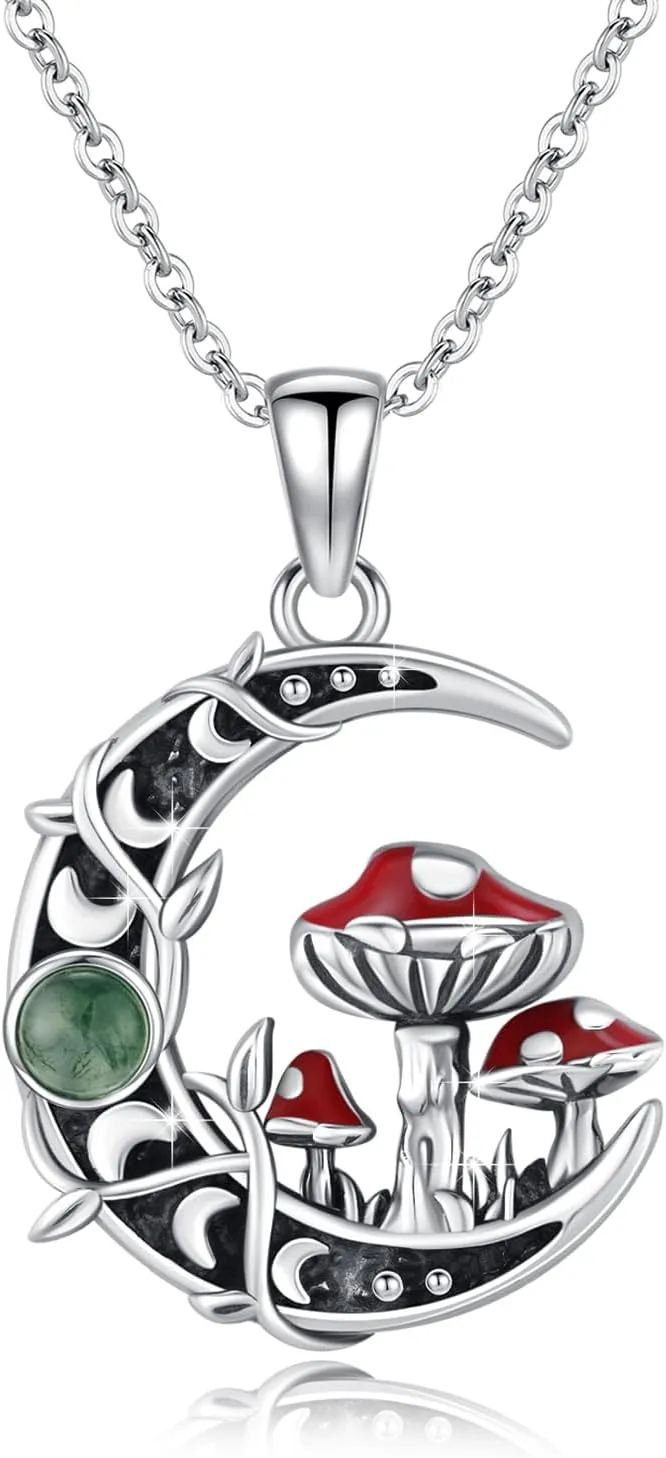 TRISHULA Moon Mushroom Necklace 925 Sterling Silver Red Mushroom Pendant Moss Agate Moon Phase Necklace Mushroom Jewelry Crescent Moon Jewelry for Women